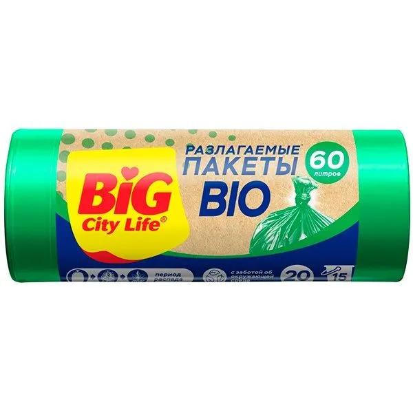 Пакеты для мусора Big City Life с затяжками bio HD зеленые 60х80 см. 60 л. 20 шт., бумага