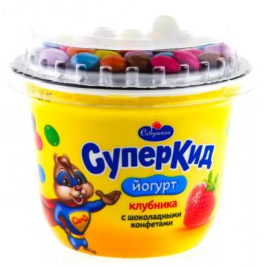 Йогурт Савушкин TEOS СуперКид клубника и конфеты 2%, 103 гр., пластиковый стакан