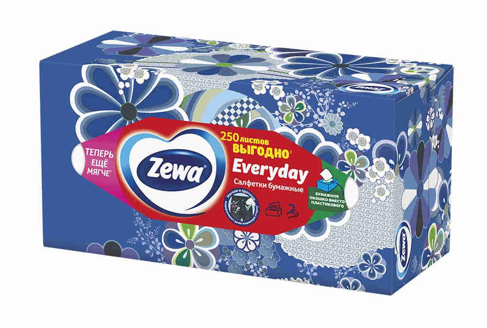 Салфетки Zewa Everyday бумажные, косметические 250 шт., картон