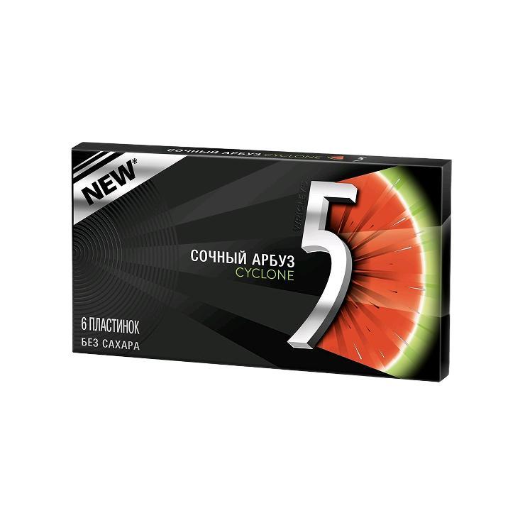 Жевательная резинка Five Wrigley's Cyclone сочный арбуз без сахара 31 гр., обертка