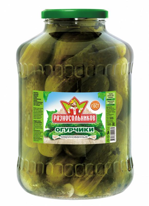 Огурчики Разносольников Маринованные ГОСТ,3 кг., стекло