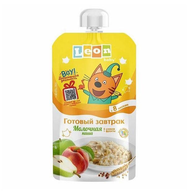 Каша Leon Baby Три Кота молочная 5 злаков и фрукты с 8  месяцев 115 гр., пауч