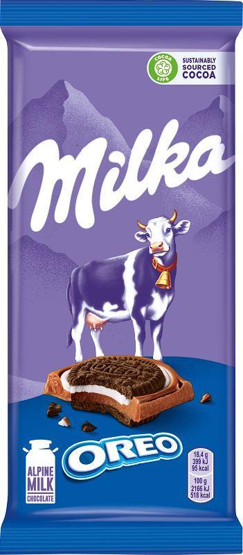 Шоколад Milka молочный с круглым печеньем Oreo с начинкой со вкусом ванили, 92 гр., флоу-пак