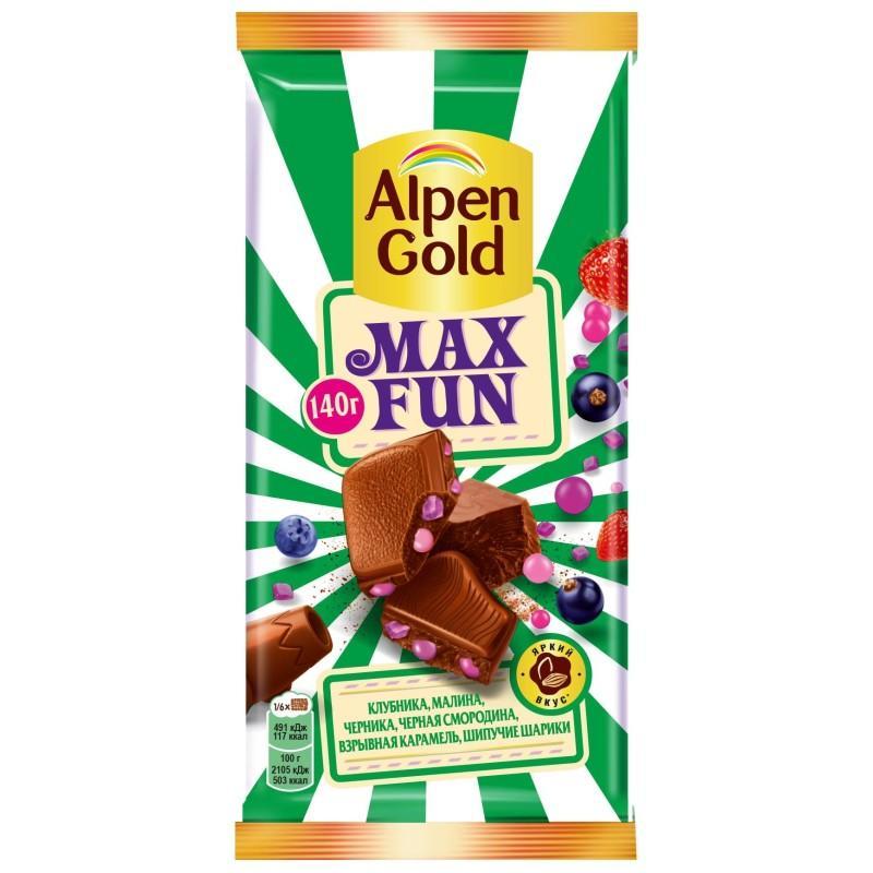 Шоколад Alpen Gold Max Fun молочный ягоды взрывная карамель шипучие шарики 140 гр., флоу-пак