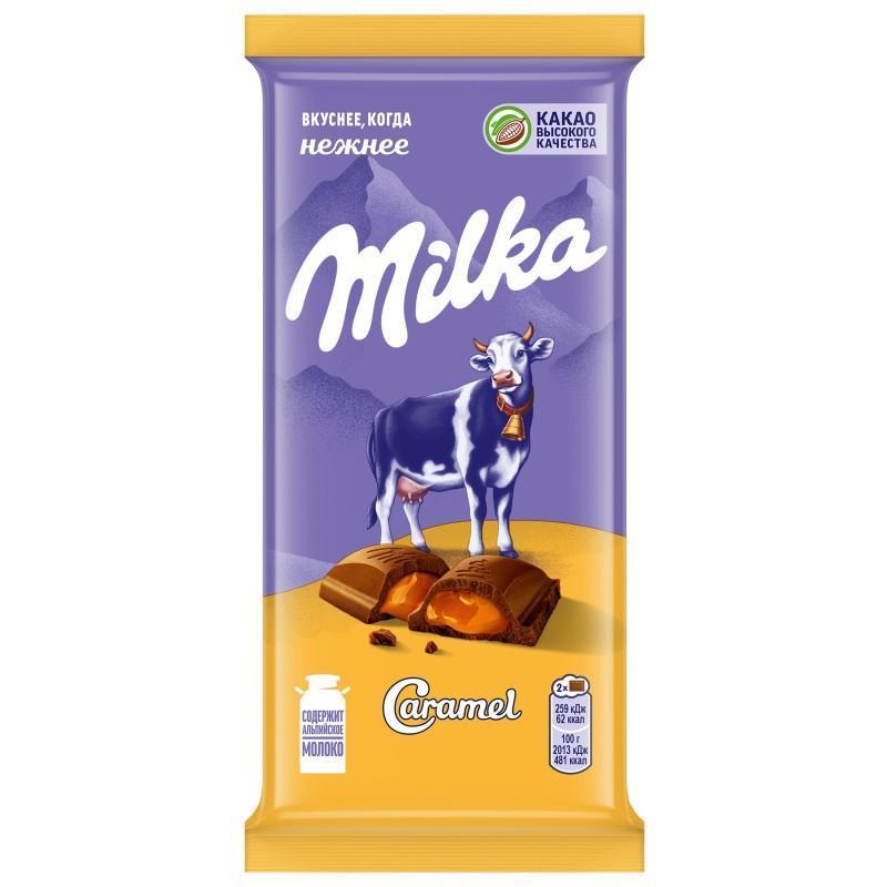 Шоколад Milka молочный с карамельной начинкой 90 гр., флоу-пак