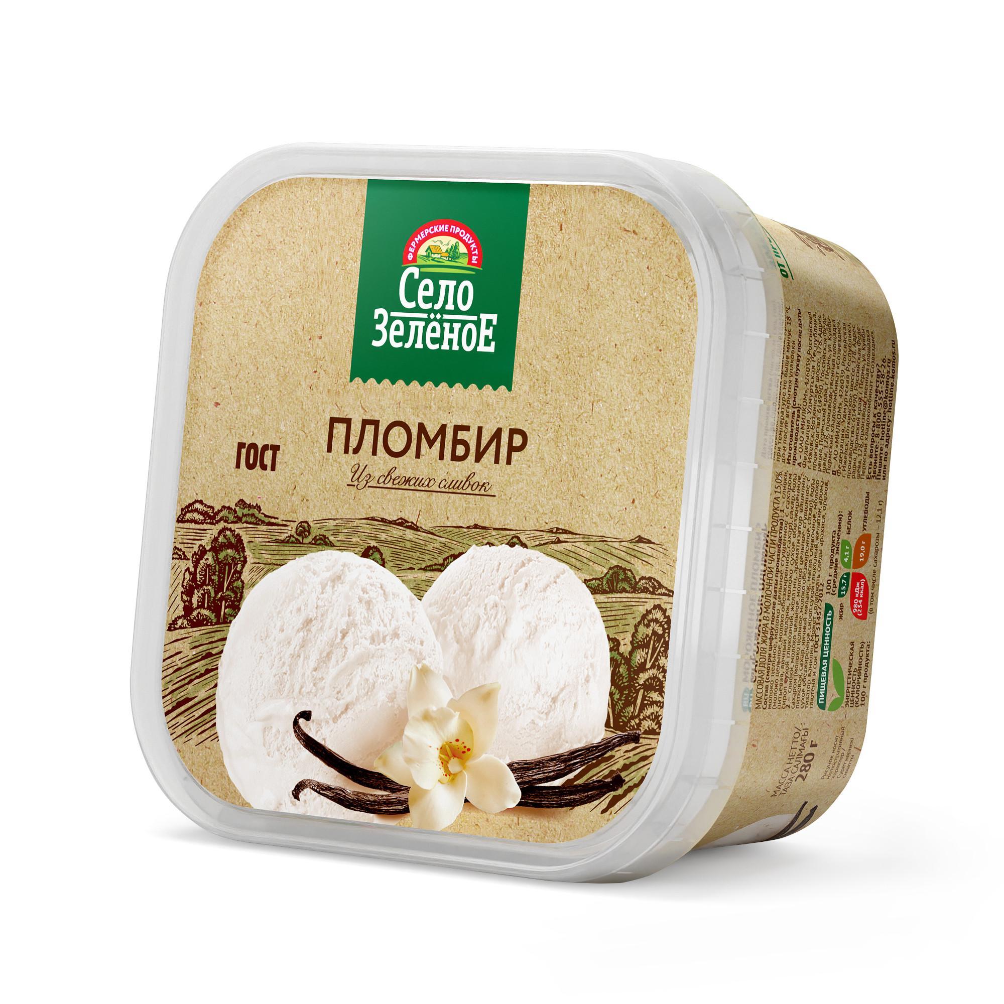 Мороженое пломбир Село Зеленое  ванильный 15%, 280 гр., флоу-пак