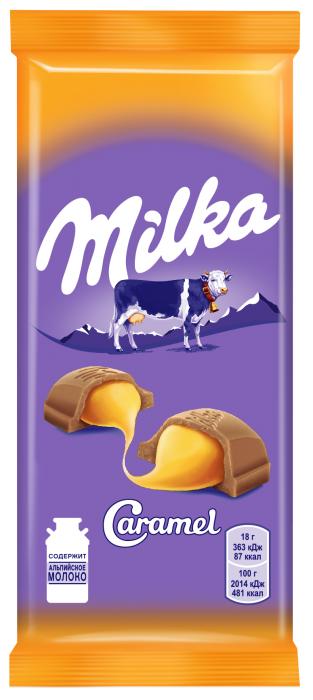 Шоколад Milka молочный с карамельной начинкой 90 гр., флоу-пак