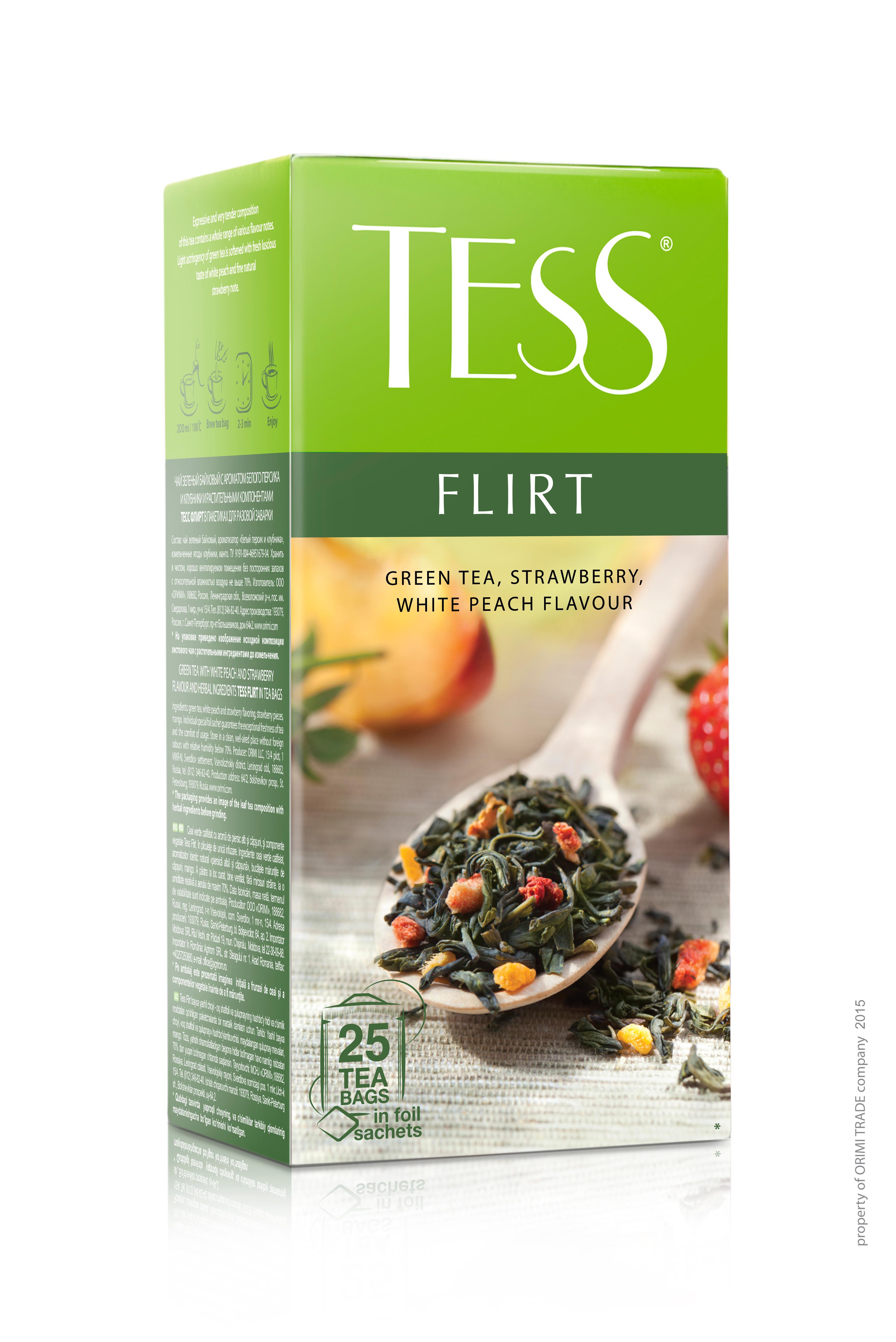 Чай Tess Flirt зеленый клубника персик 25 пакетиков 37.5 гр., картон