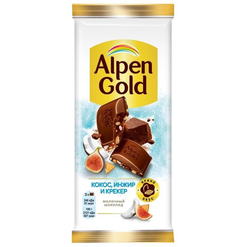 Шоколад Alpen Gold молочный инжир кокос крекер 80 гр., флоу-пак