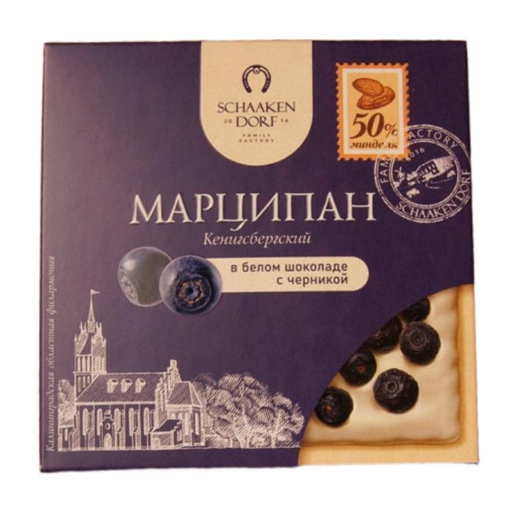 Марципановая плитка ШААКЕН ДОРФ в белом шоколаде с черникой 50 гр., картон