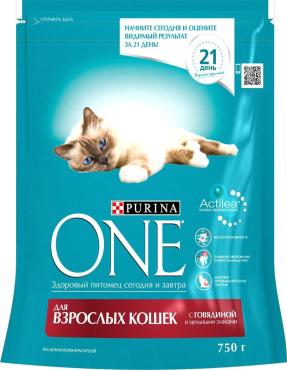 Корм сухой для взрослых кошек говядина цельные злаки Purina One 750 гр., дой-пак