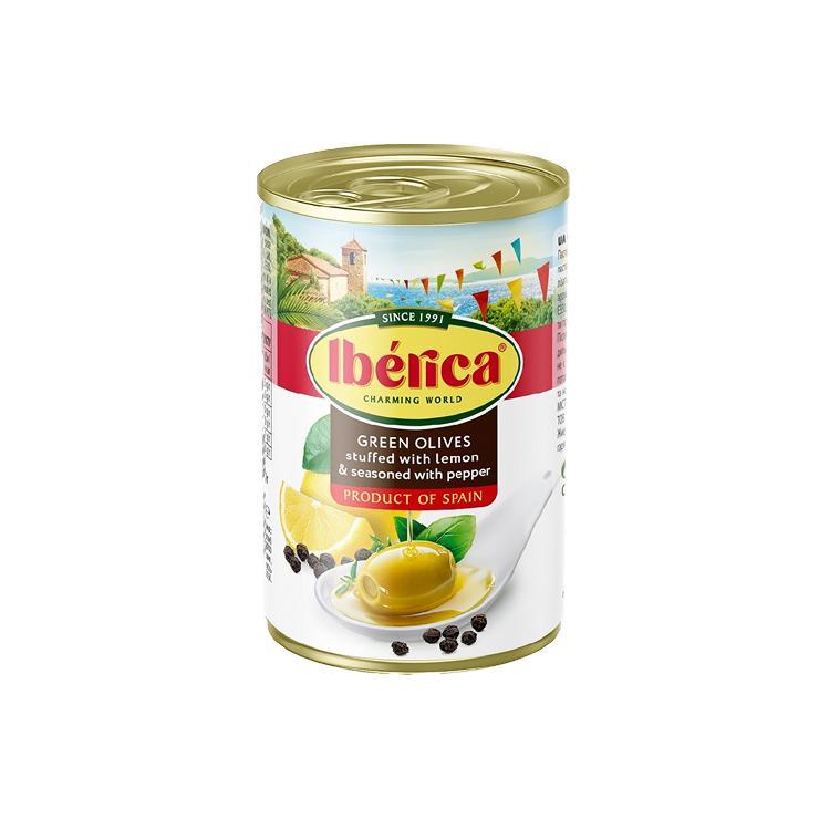 Оливки IBERICA с лимоном и черным перцем 300 гр., ж/б