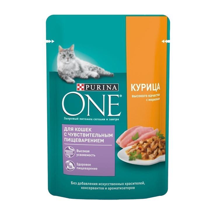 Корм влажный для кошек Purina ONE с чувствительным пищеварением, курица 75 гр., дой-пак