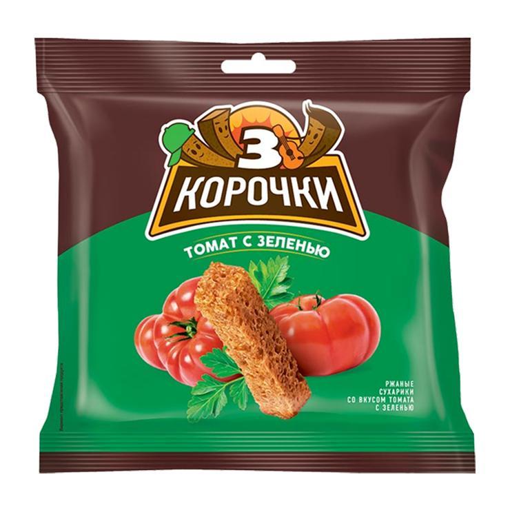 Сухарики 3 корочки ржаные томат с зеленью 100 гр., флоу-пак