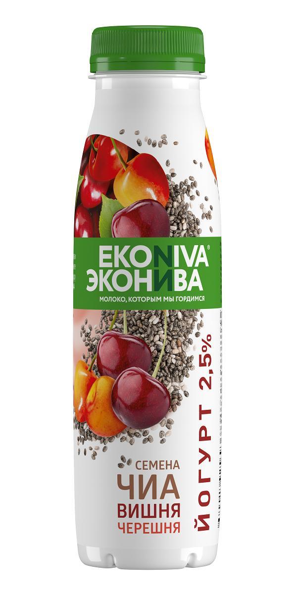 Йогурт пиитьевой ЭкоНива Fit Line вишня, черешня, семена чиа 2,5% 300 гр., ПЭТ