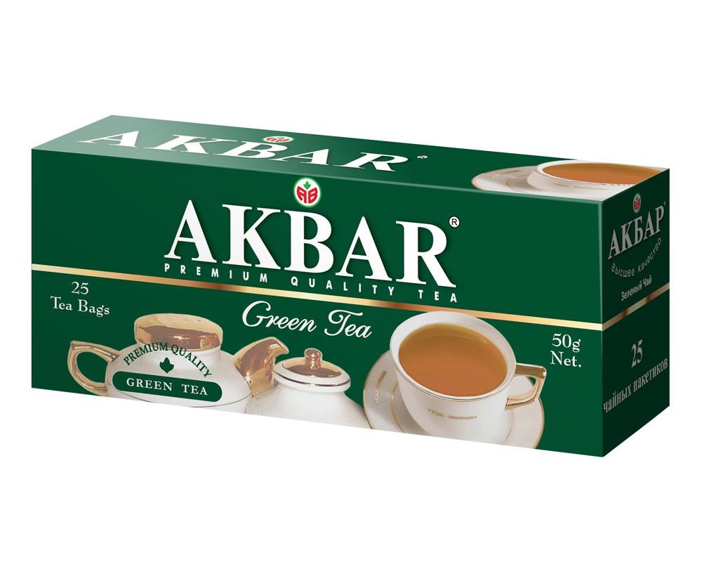Чай Акбар Классический зеленый байховый 25 пакетиков 50 гр., картон