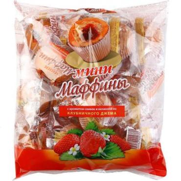 Мини-маффины с ароматом сливок и начинкой из клубничного джема, Русский бисквит, 465 гр., флоу-пак