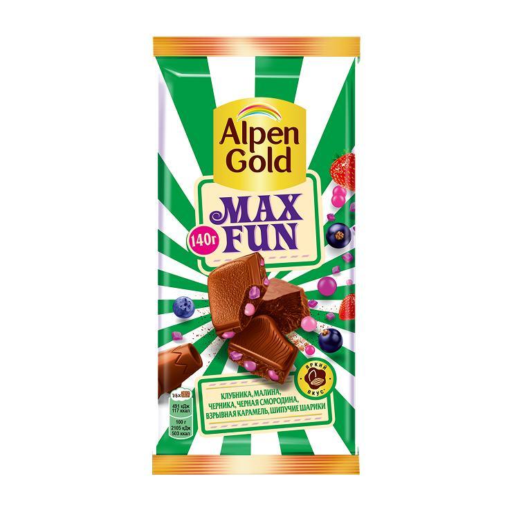 Шоколад Alpen Gold Max Fun молочный ягоды взрывная карамель шипучие шарики 140 гр., флоу-пак