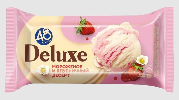 Мороженое 48 копеек DELUXE Клубничный десерт брикет 243 гр., флоу-пак