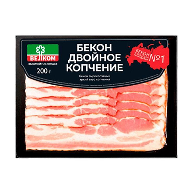 Бекон Велком сырокопченый двойное копчение на дубовой щепе нарезка 200 гр., в/у