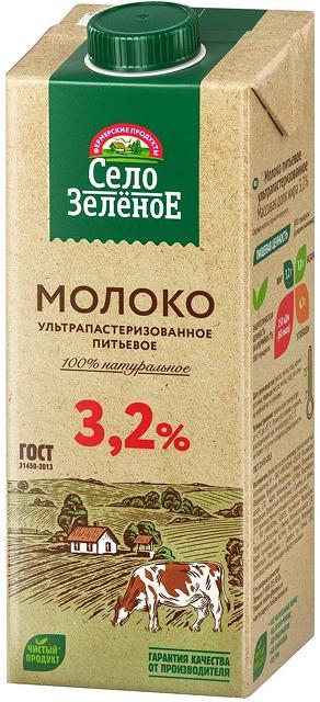 Молоко Село Зелёное ультрапастеризованне 3,2% 950 мл., тетра-пак