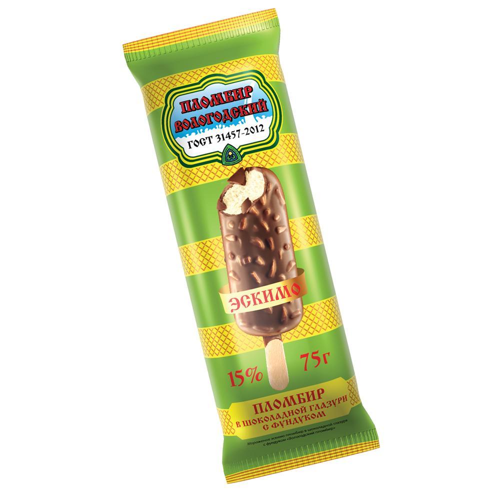 Мороженое Вологодский Пломбир эскимо в шоколадной глазури с фундуком 75 гр., флоу-пак