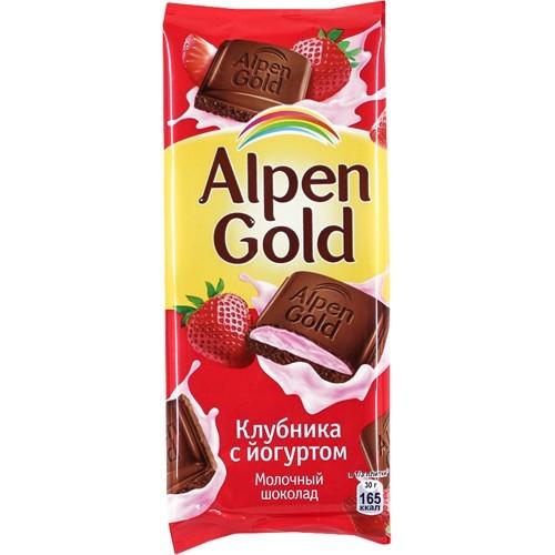 Шоколад Alpen Gold молочный с клубнично-йогуртной начинкой 90 гр., флоу-пак