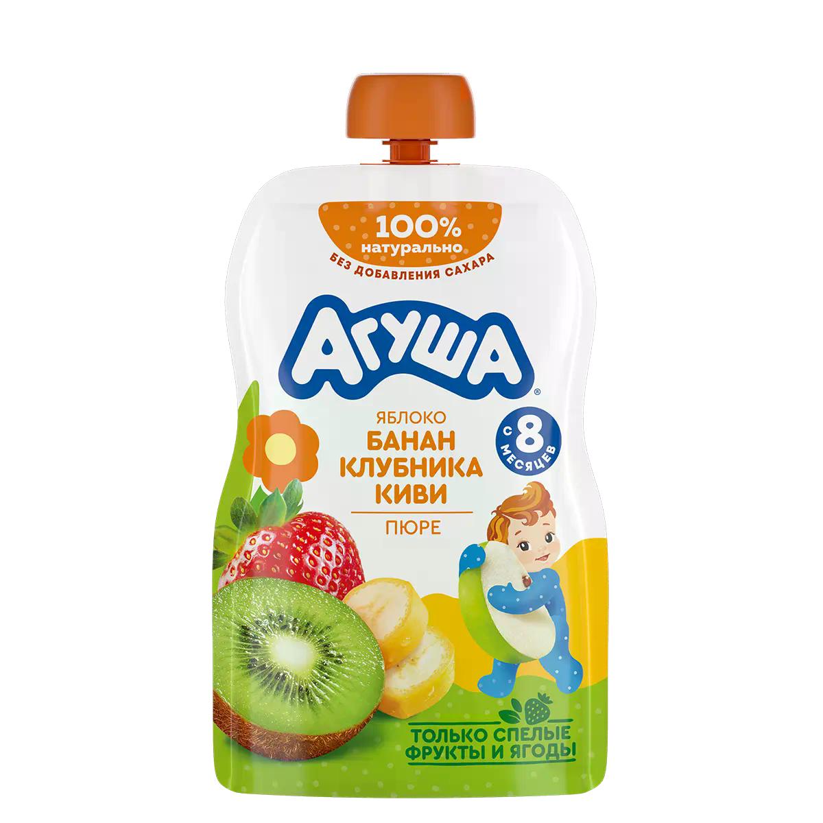 Пюре Агуша фруктовое Яблоко Банан Клубника Киви, 90 гр., дой-пак
