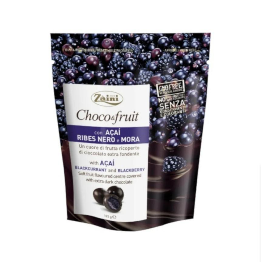 Драже Zaini Choco&Fruit из темного шоколада асаи-черная смородина-ежевика 125 гр., дой-пак