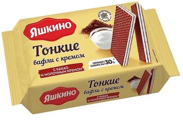 Вафли Яшкино тонкие Какао и молочным кремом, 144 гр., флоу-пак