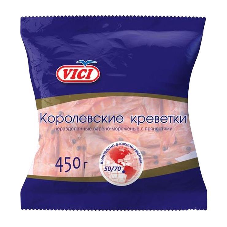 Креветки VICI королевские неразделанные варено мороженые с пряностями 450 гр., флоу-пак
