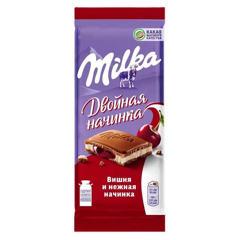 Шоколад Milka вишня и нежная начинка молочный 80 гр., флоу-пак