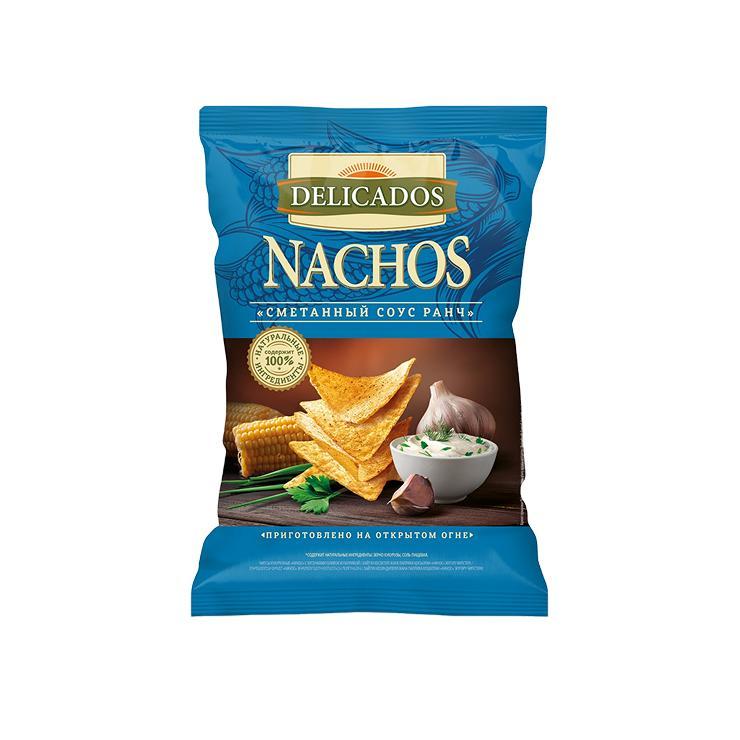 Чипсы Delicados Nachos сметанный соус ранч кукурузные 150 гр., флоу-пак