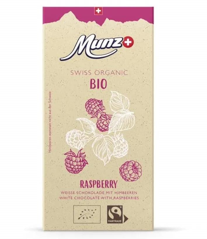 Шоколад MUNZ Organic Белый с малиной 100 гр., картон