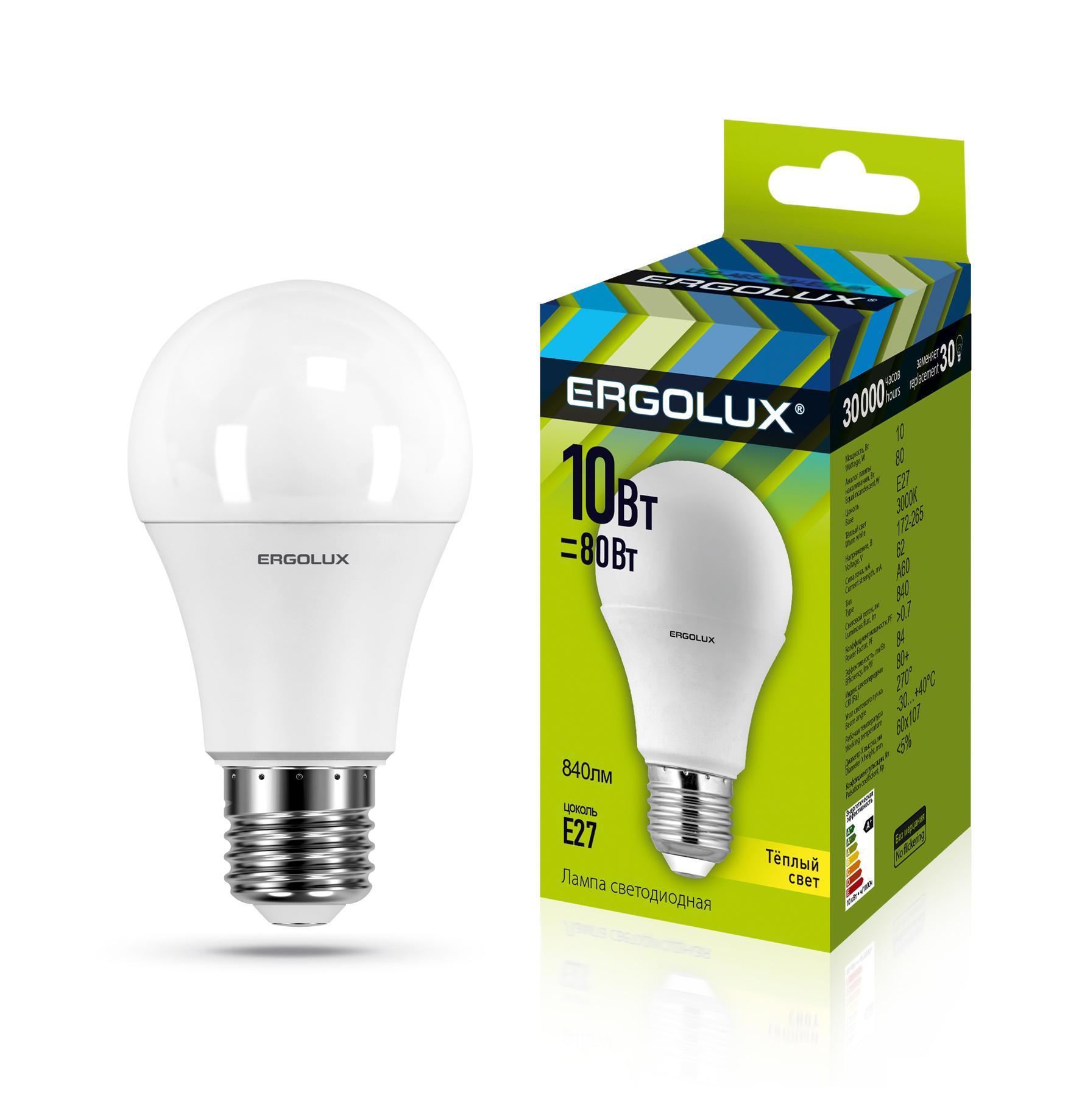 Лампа Ergolux LED-A60-10W-E27-3K 10ВтE27 3000K ЛОН 1шт, картон