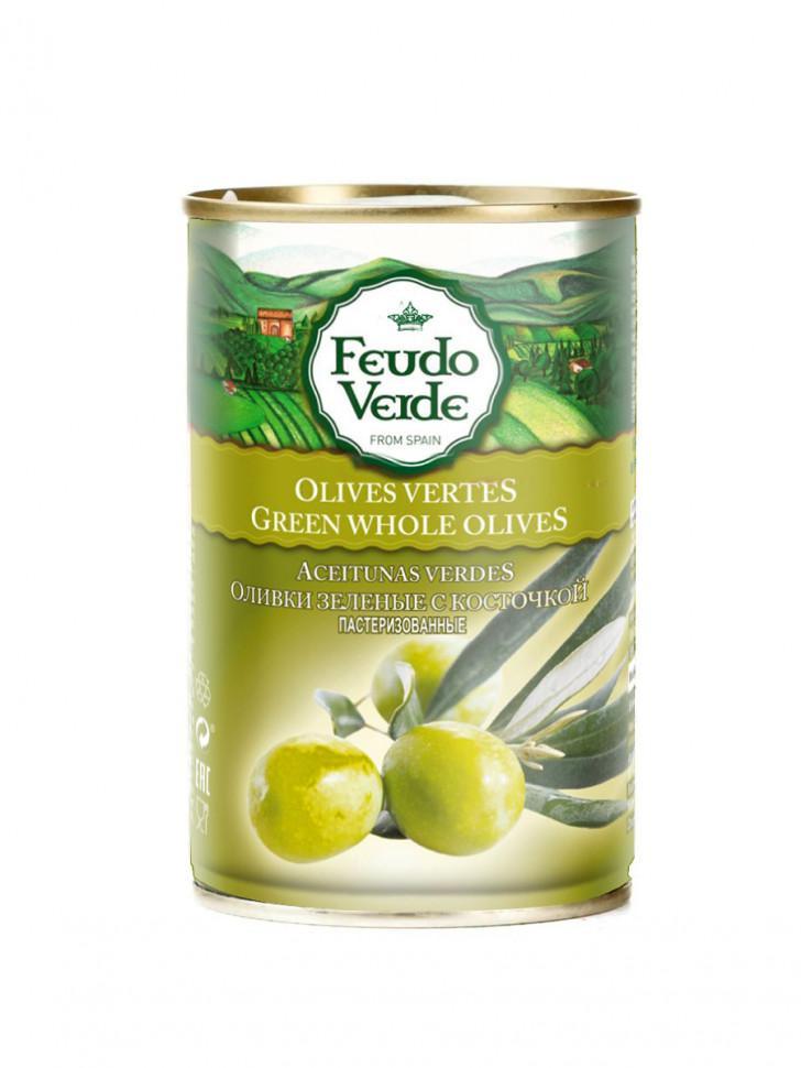 Оливки Feudo Verde зеленые с косточкой 300 мл., ж/б
