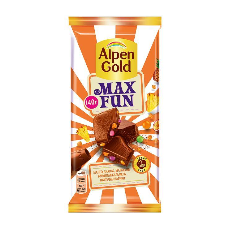 Шоколад Alpen Gold Max Fun молочный манго ананас маракуйя карамель 140 гр., флоу-пак