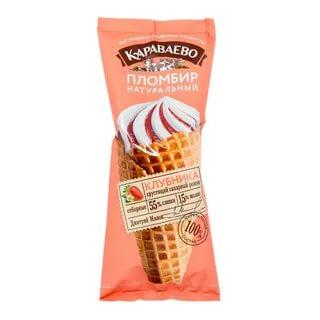 Мороженое пломбир Караваево с клубникой в вафельном сахарном рожке 100 гр., флоу-пак