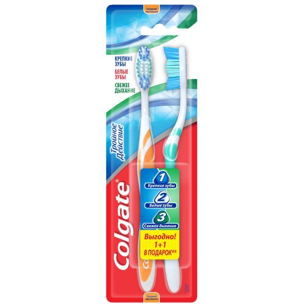 Зубная щетка средней жесткости Colgate Тройное действие, 2 шт., блистер