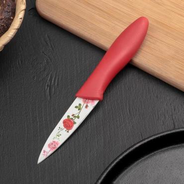 Нож кухонный Доляна Розарий 8 см. красный с антипригарным покрытием