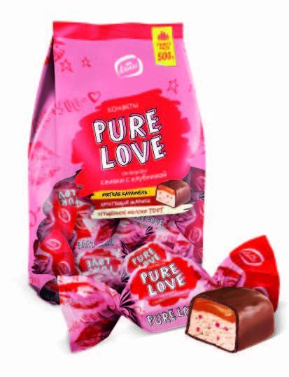Конфеты Pure Love со вкусом сливки с клубникой, 500 гр., флоу-пак