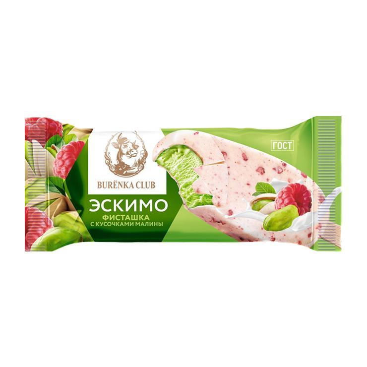 Мороженое пломбир Бурёнка Клаб фисташка с кусочками малины мжд 15% 70 гр., флоу-пак