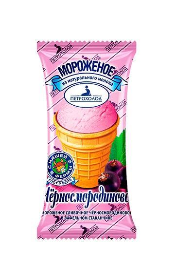 Мороженое сливочное Петрохолод с черной смородиной вафельный стаканчик 70 гр., флоу-пак