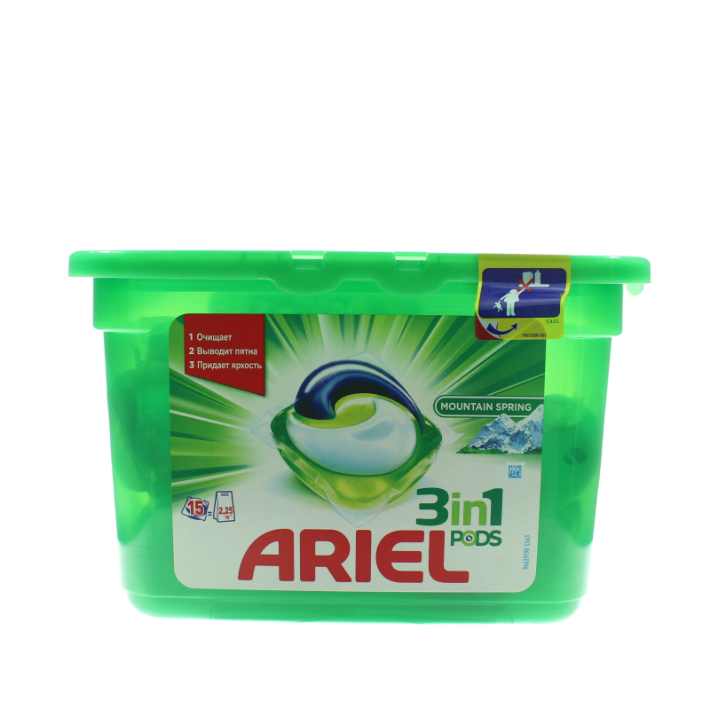 Капсулы для стирки Ariel Pods 3 в 1 Горный родник для всех видов тканей, 15шт
