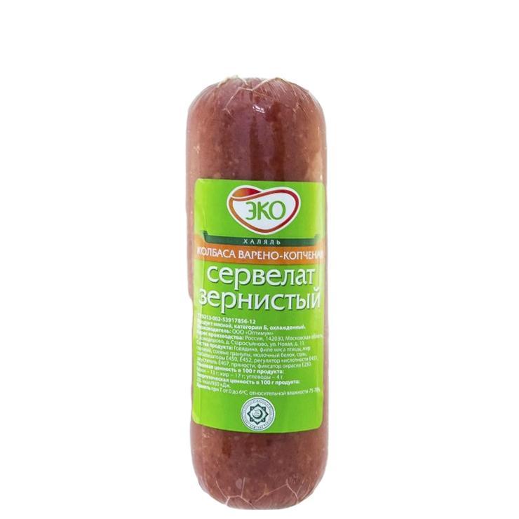 Колбаса Эколь Сервелат зернистый варено-копченый Халяль 350 гр., вакуум