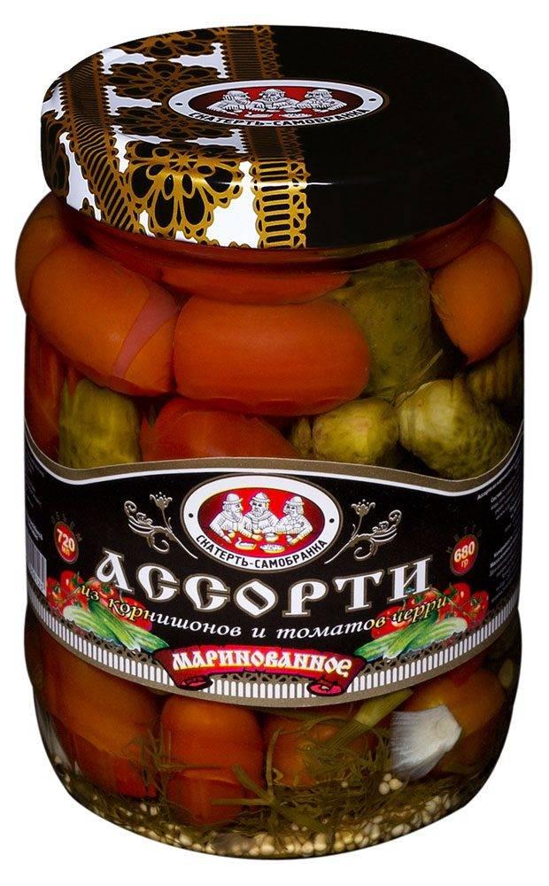 Ассорти из томатов черри и корнишонов Скатерть-Самобранка 720 гр., стекло