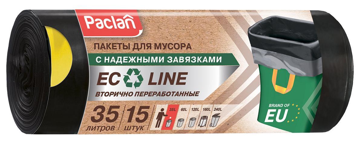 Пакеты для мусора Paclan Eco Line черные с завязками 35 л. 15 шт., обертка