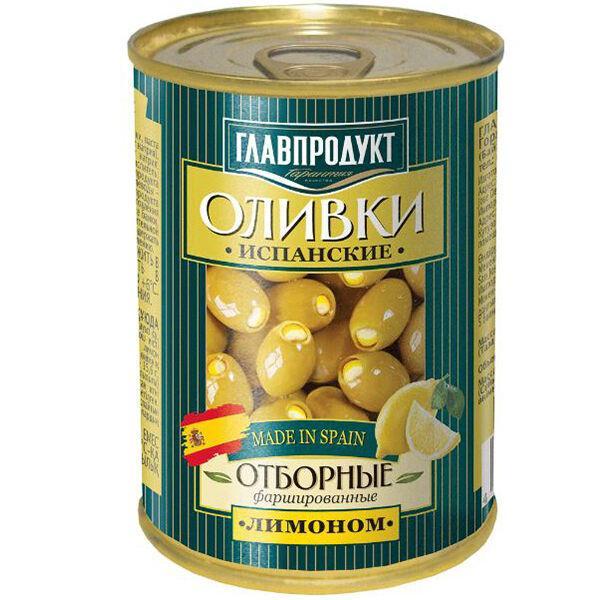 Оливки Главпродукт зеленые фаршированные лимоном 300 мл., ж/б