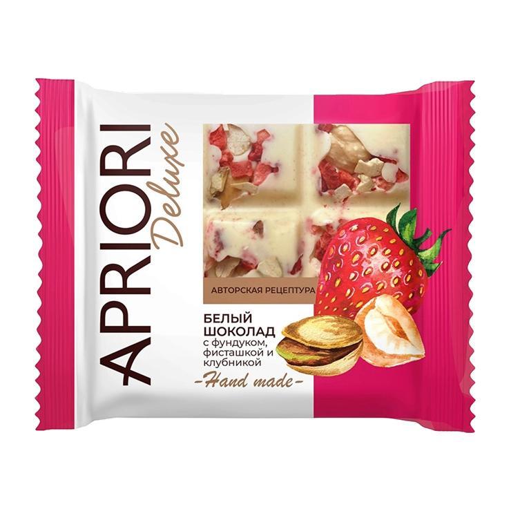 Шоколад Apriori Hand made белый фундук фисташка клубника 50 гр., флоу-пак