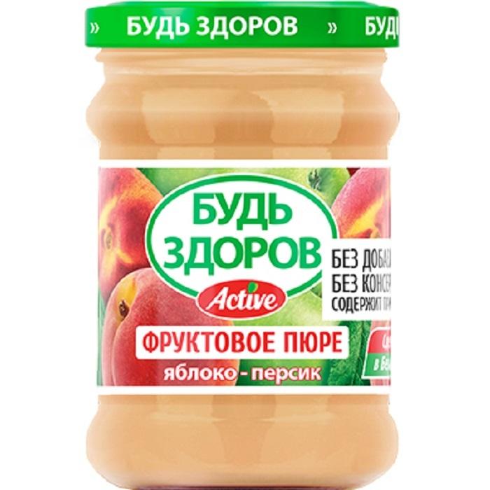 Пюре Будь Здоров яблоко-персик фруктовое 240 гр., стекло
